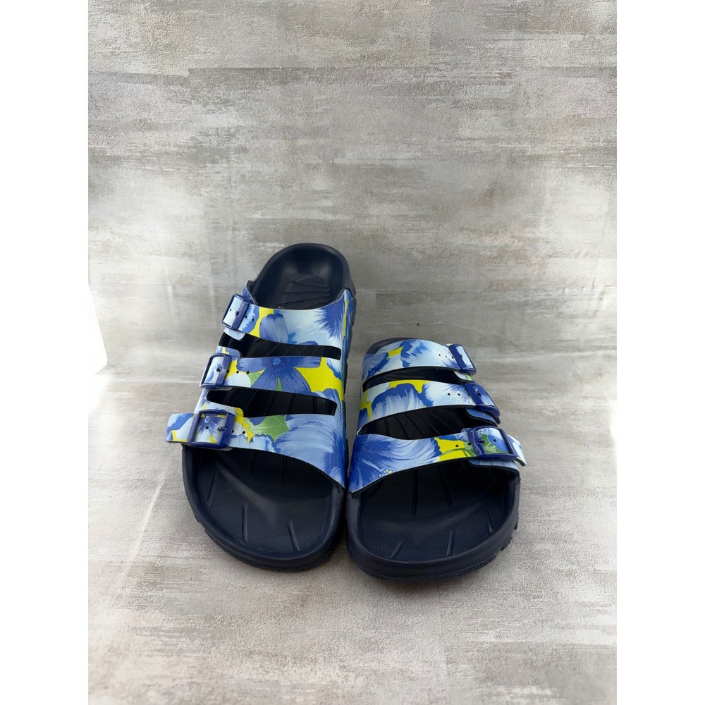 Birki's Birkenstock Floral Triple Strap Slide Sandals Blue Yellow Women 40